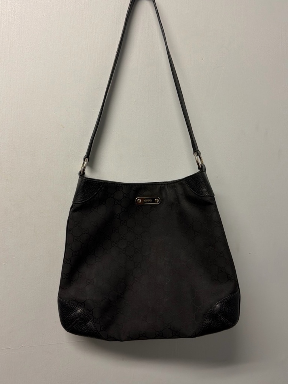 Gucci Black Monogram Shoulder Bag with Leather Trim